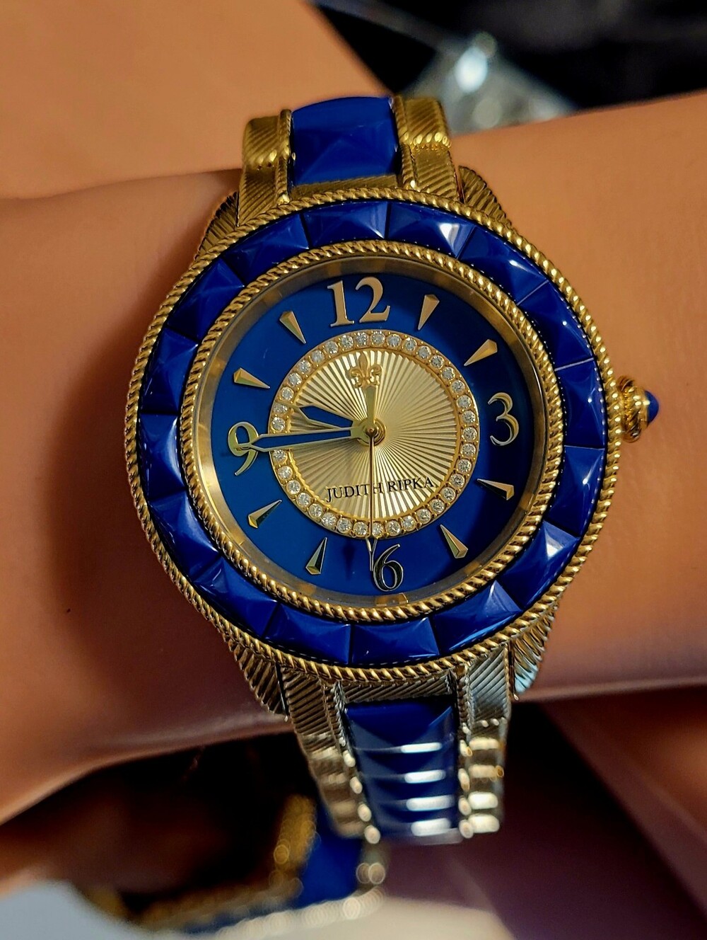 Judith Ripka Gold-Tone Cobalt Blue Swiss Movement Watch. Diamonique Rare Size7